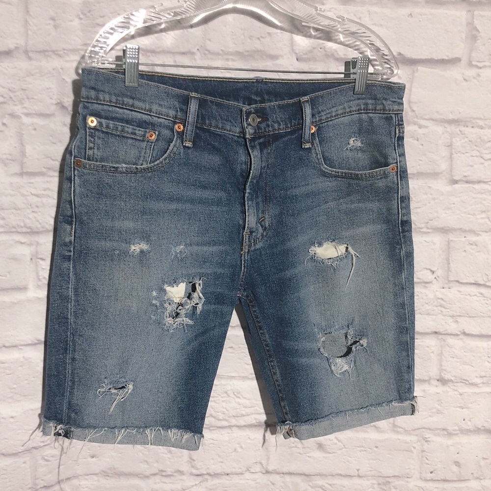Levi's 511 Ripped Blue Jean Shorts w33 distressed pre-💜 cuffed unisex